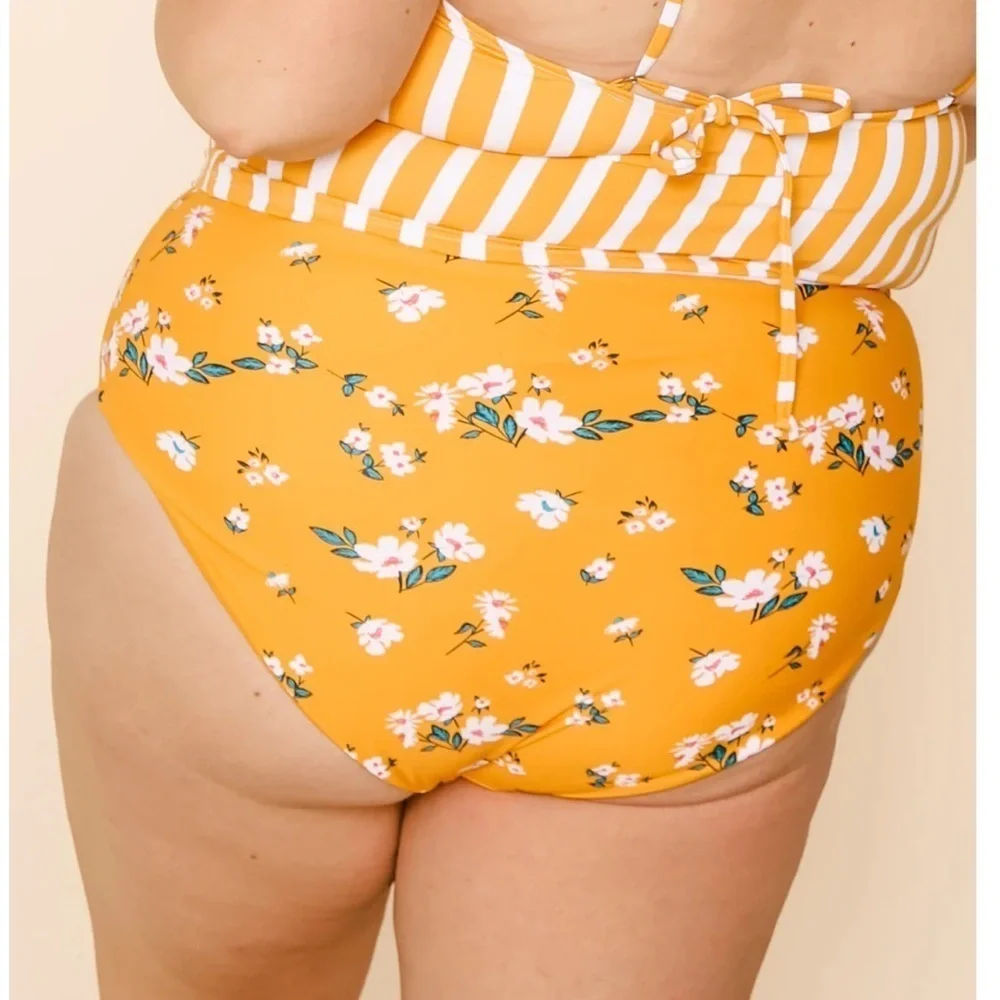 Coral Reef Lagoon Reversible High Waist Swim Bottoms Yellow Mango Floral XL